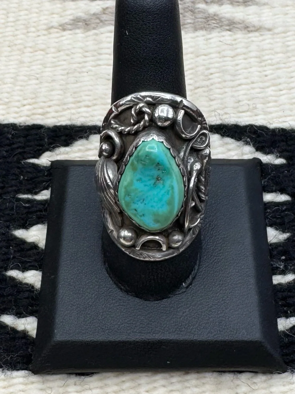 Vintage F.T. Signed Navajo Native American Sterling Silver Turquoise Ring 9